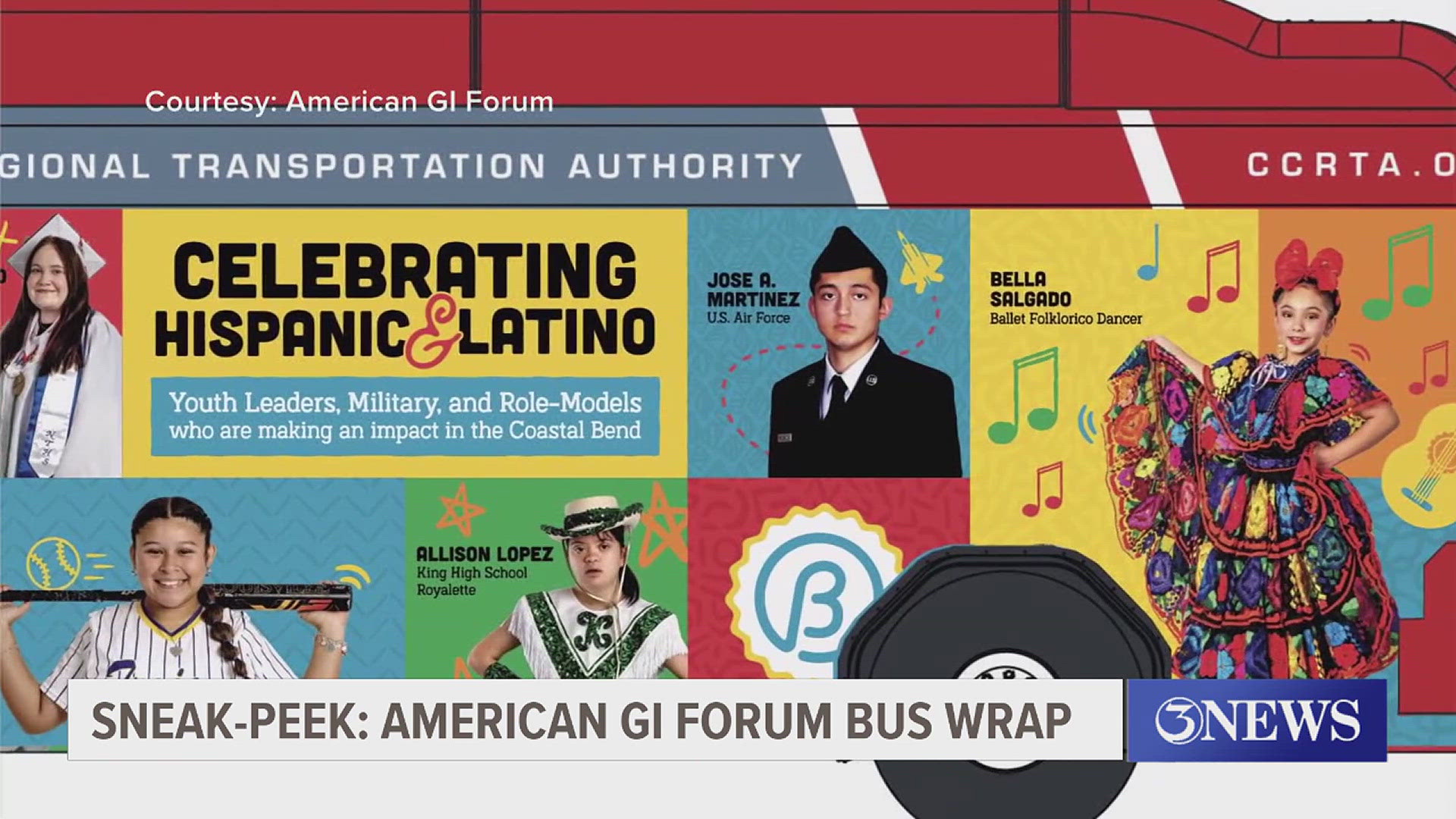 A total of three special bus wraps will roll out this year, each one celebrating Hispanic veterans, community members and for the first time, young leaders.