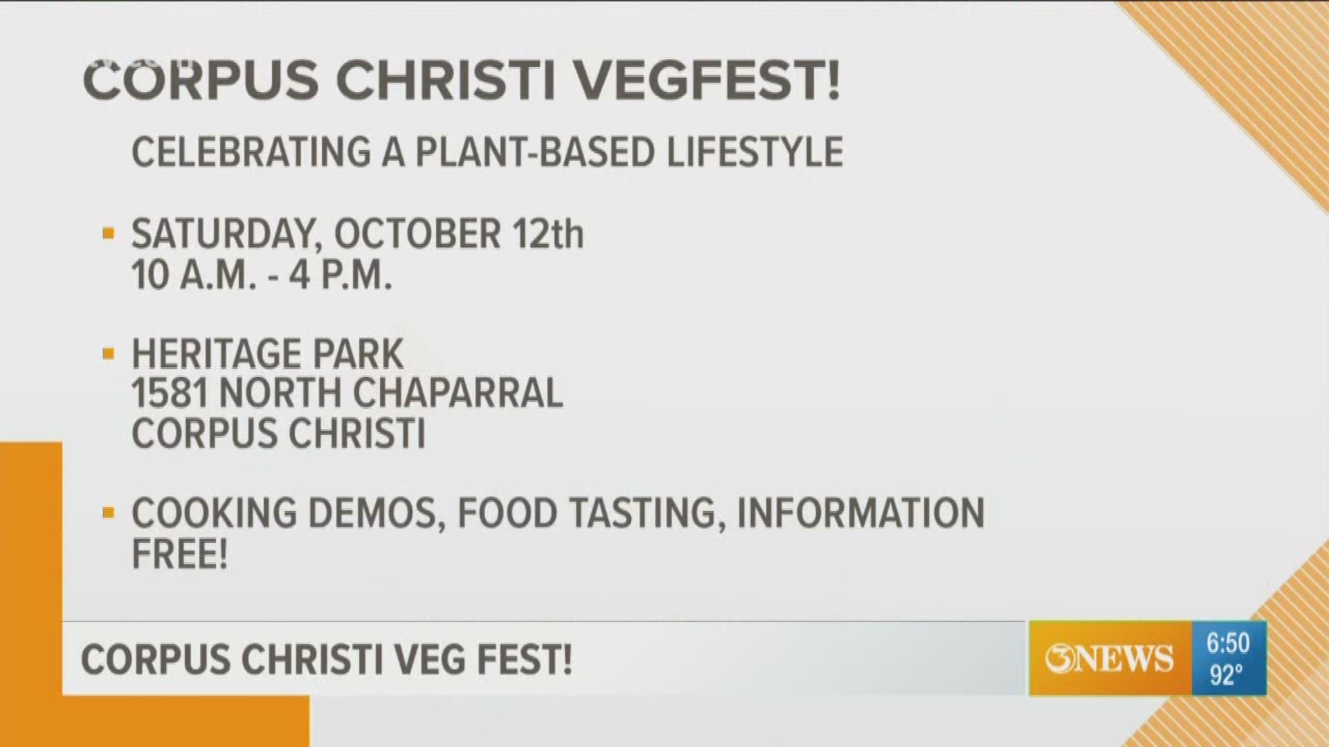 Corpus Christi VegFest provides info and ideas on vegan cooking.
