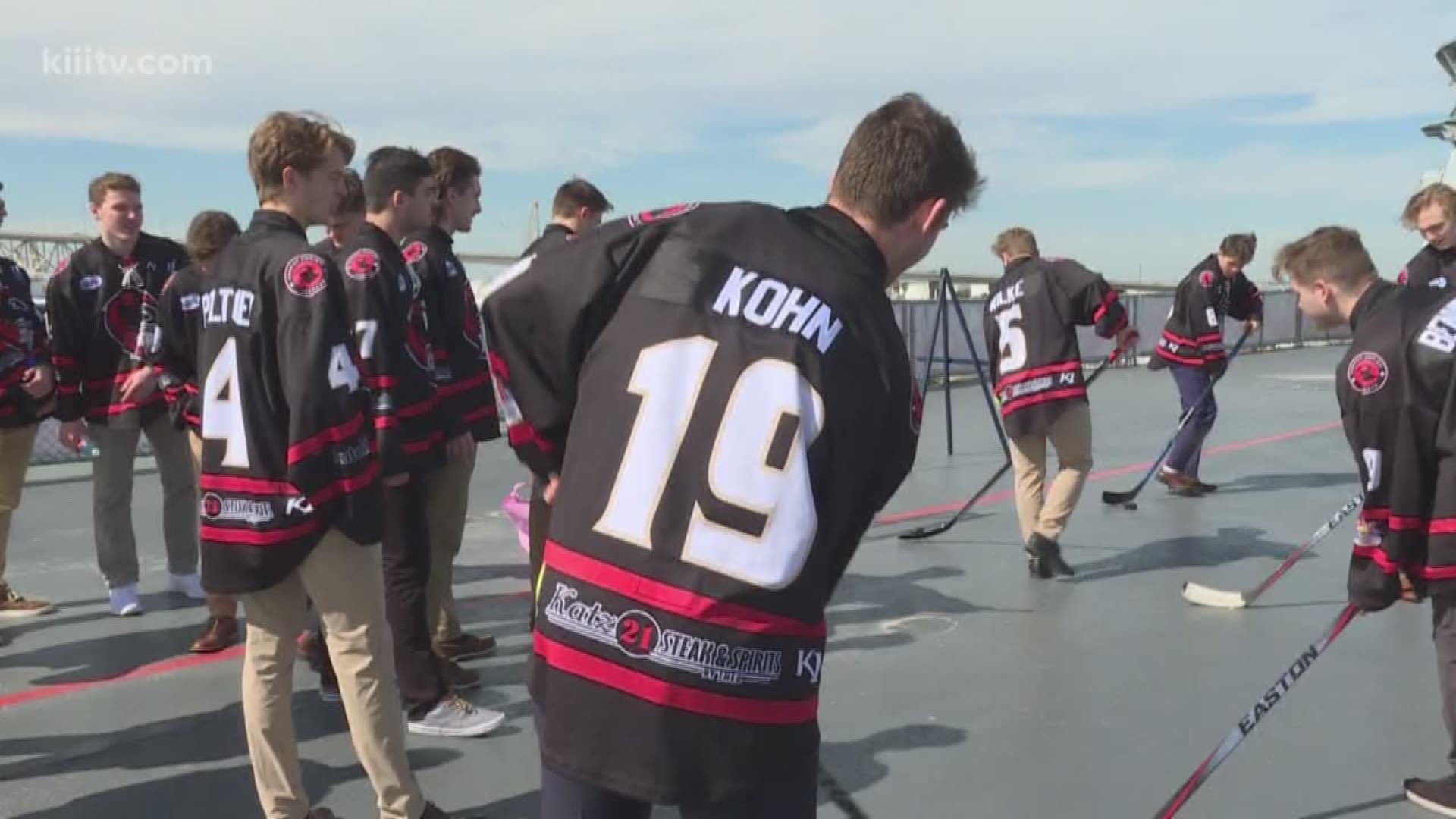 The Corpus Christi IceRays took their practice to the flight deck of the U.S.S. Lexington Thursday to benefit the museum and local U.S.O. of South Texas.