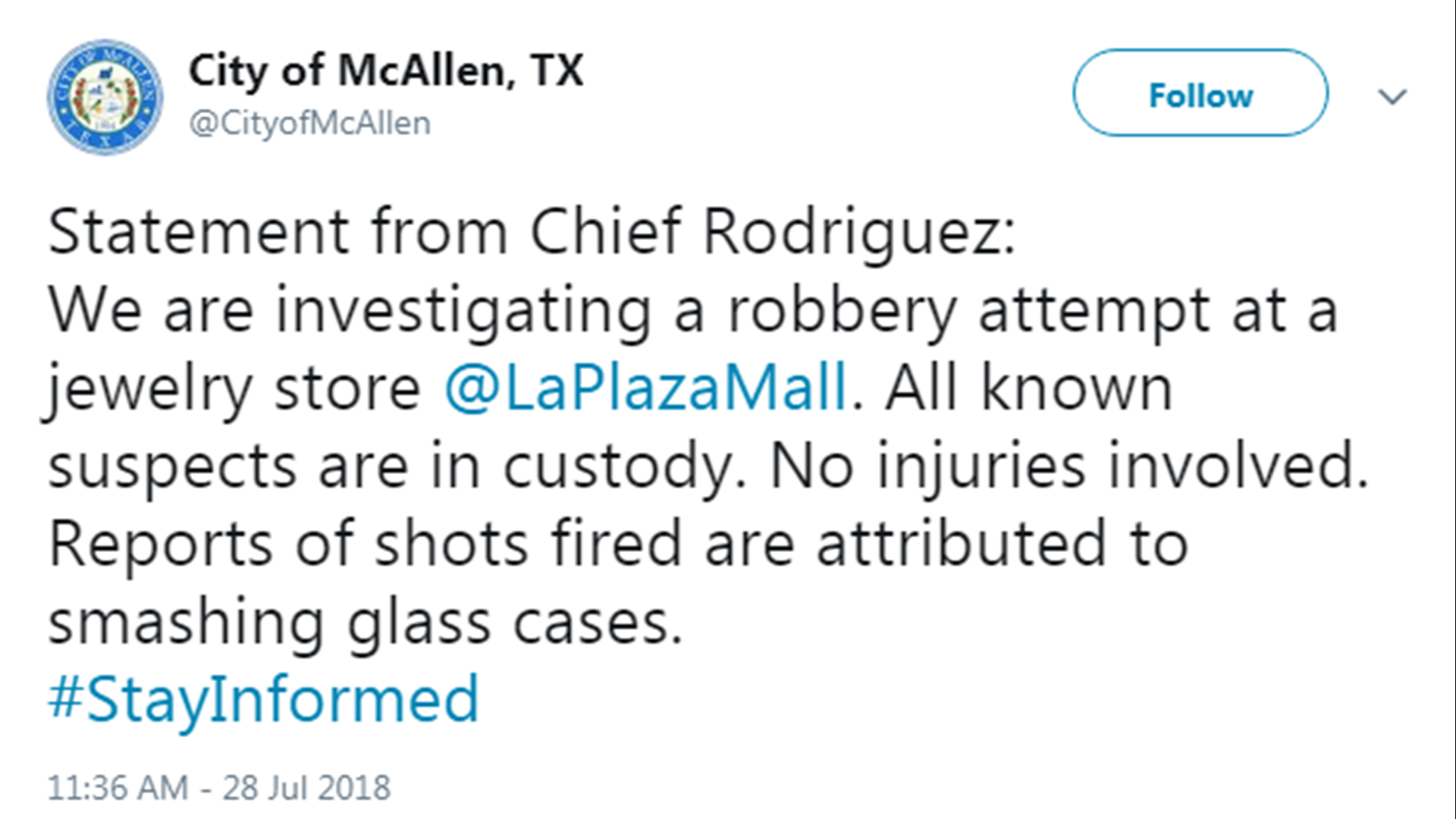 UPDATE Attempted robbery at a jewelry store in McAllen