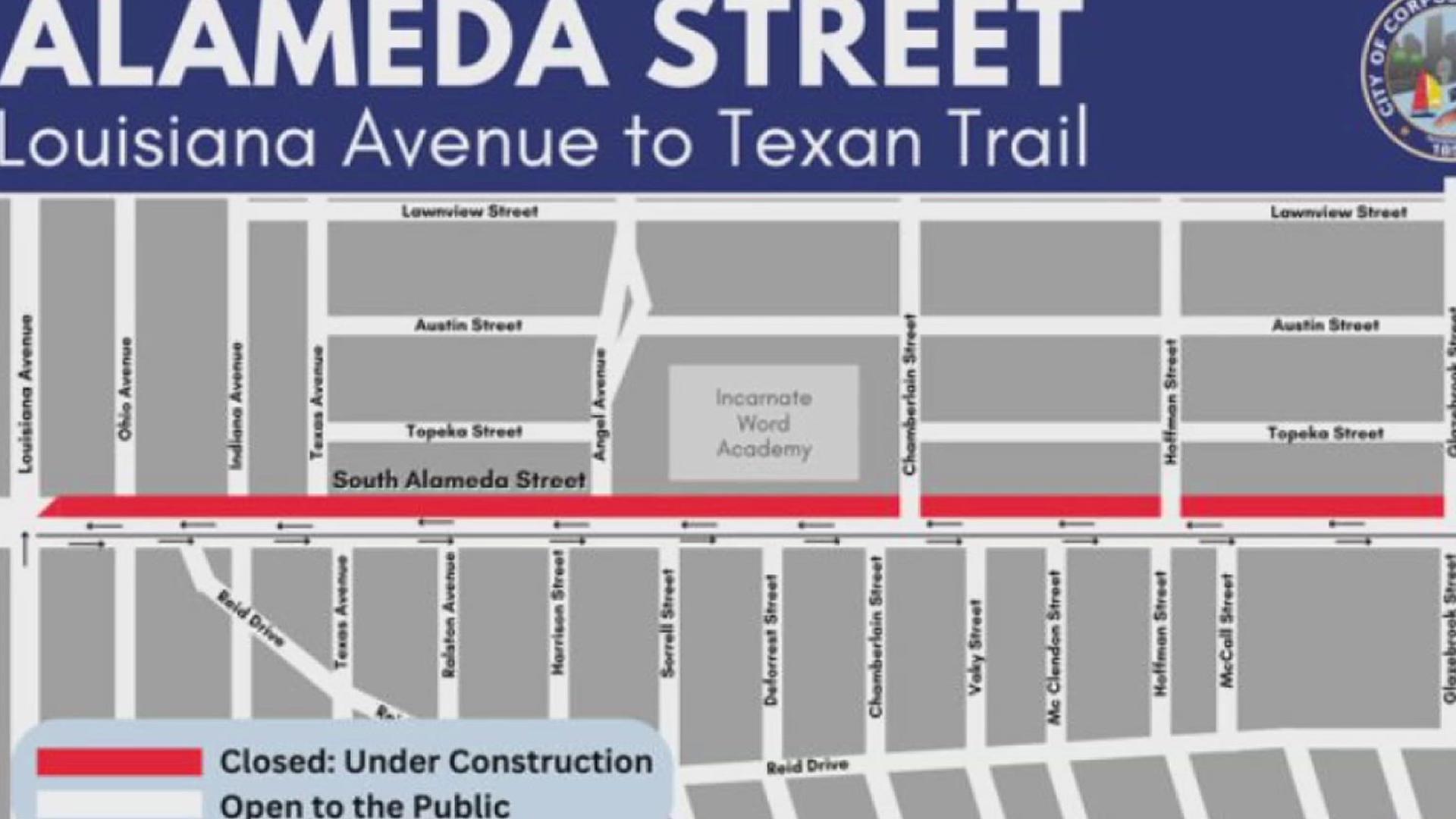 Traffic on Alameda Street shifts to southbound lanes as northbound lanes close for construction through October. Business and school access remains open.