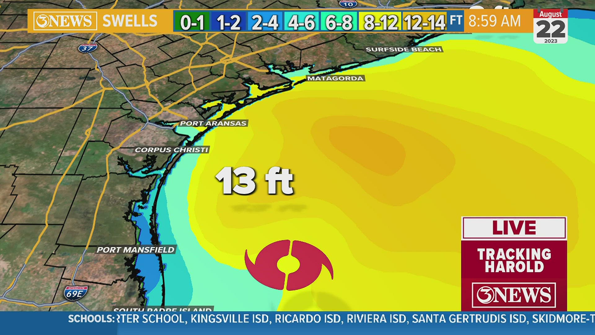 TS Harold is about 199 miles away from Corpus Christi; swells are going to  be high for much of the day 8:55 a.m. update