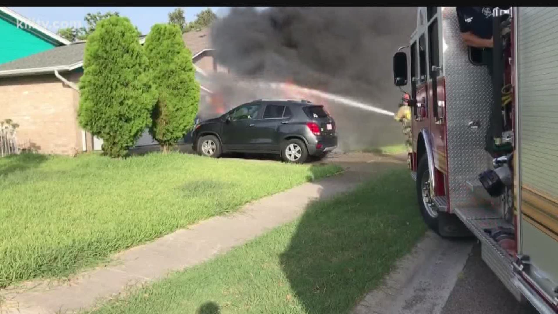 Firefighters said the vehicle was fully involved and the blaze caused minor damage to a second nearby vehicle and the home as well.