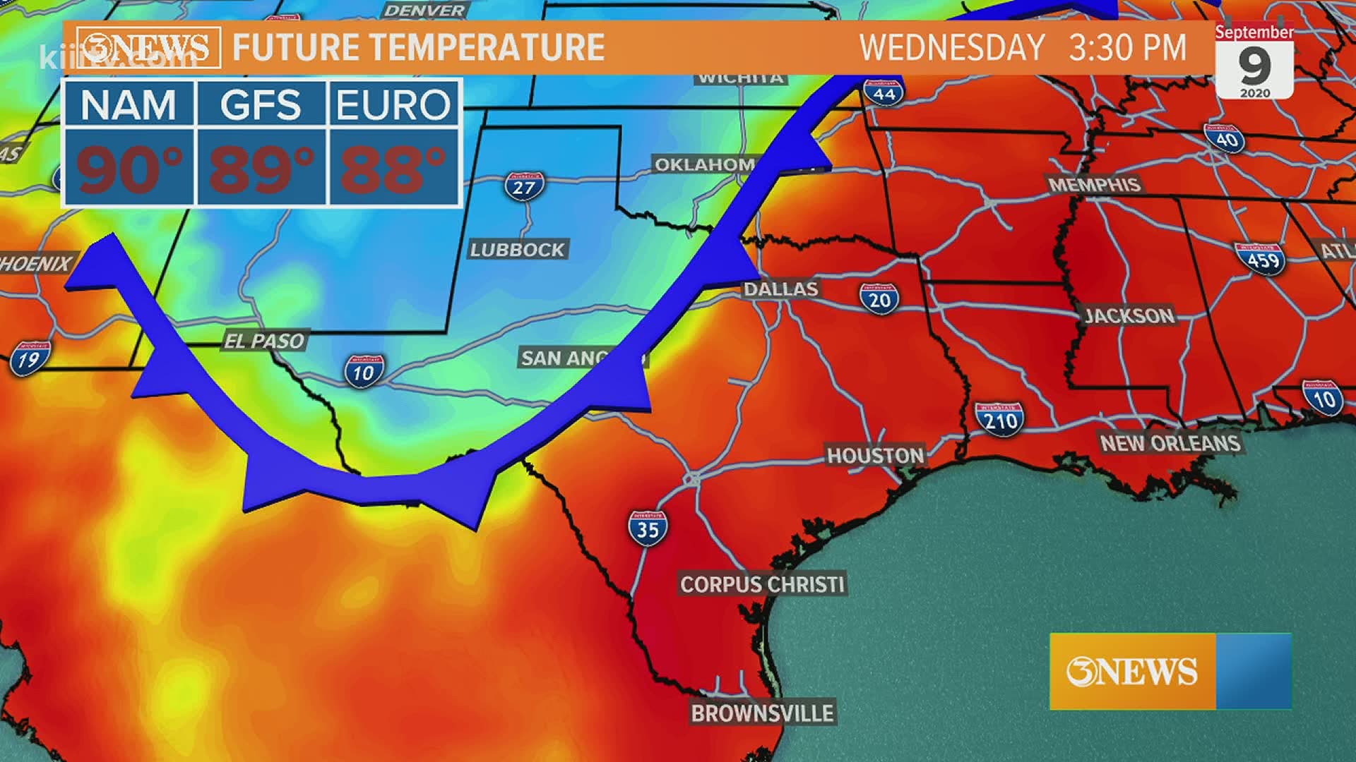 Cold front will move in to Texas on Wednesday, but wash out and stall in south central Texas, Thursday.