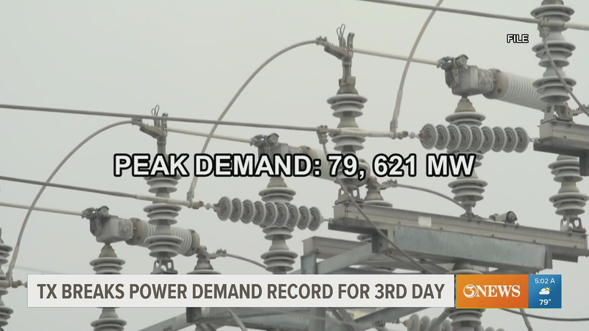 ERCOT says that the Texas power grid broke a record for power demand.