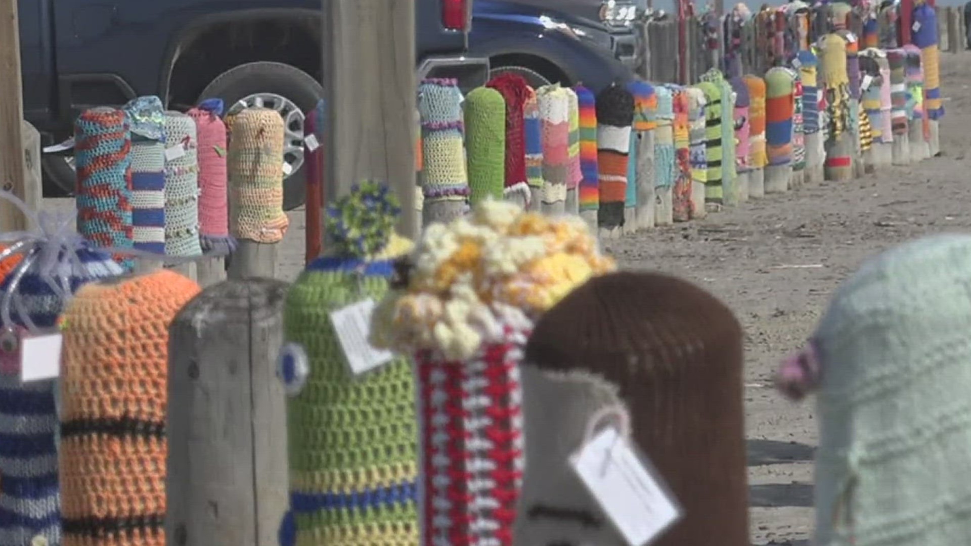 After several Bollard Buddies art pieces were stollen about a year ago, the project now boasts more than 400 unique yarn pieces along the Port Aransas shore.