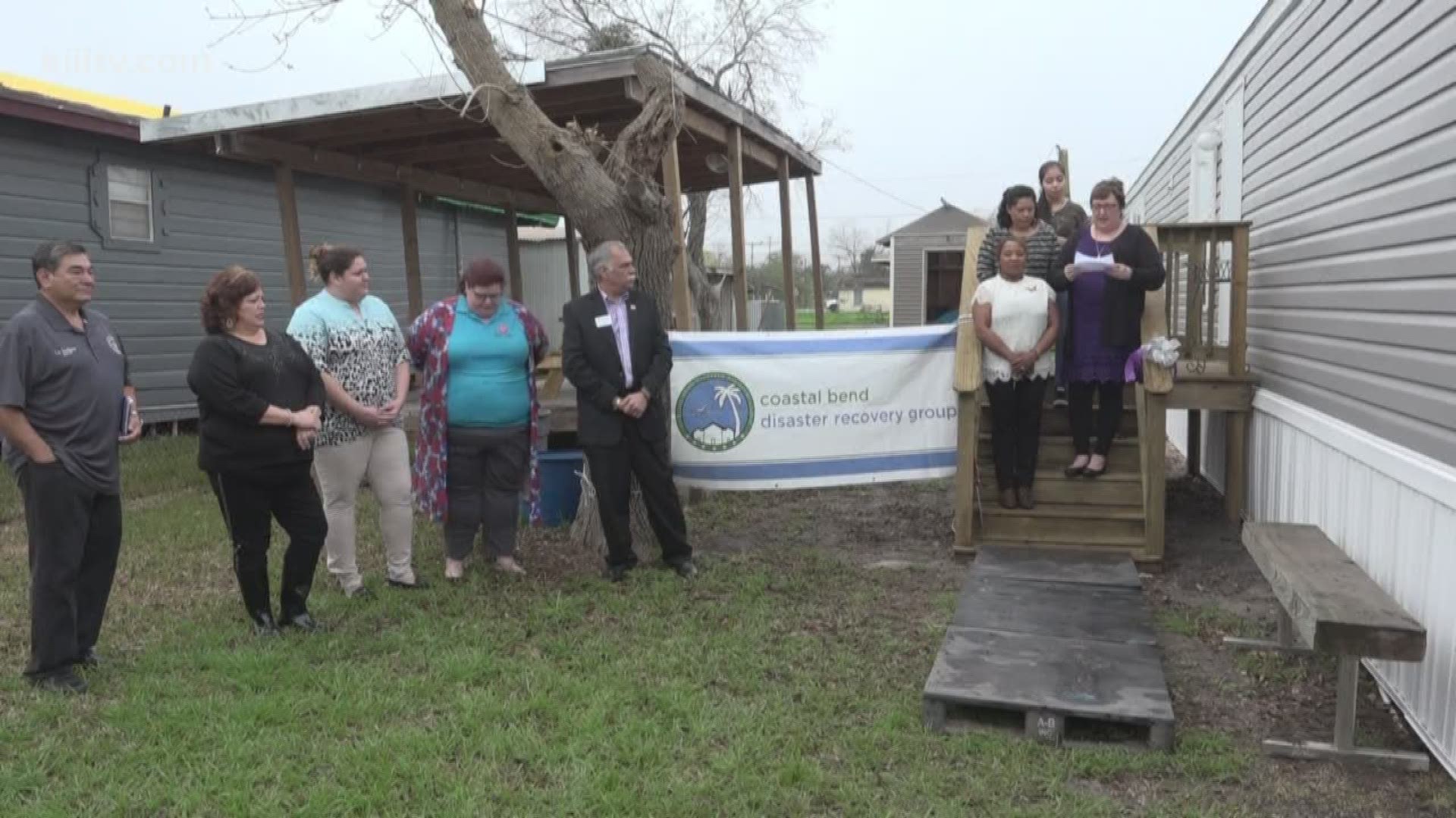 Three families in Gregory, Texas, who have been without homes since Hurricane Harvey tore through the Coastal Bend were given new homes on Friday.