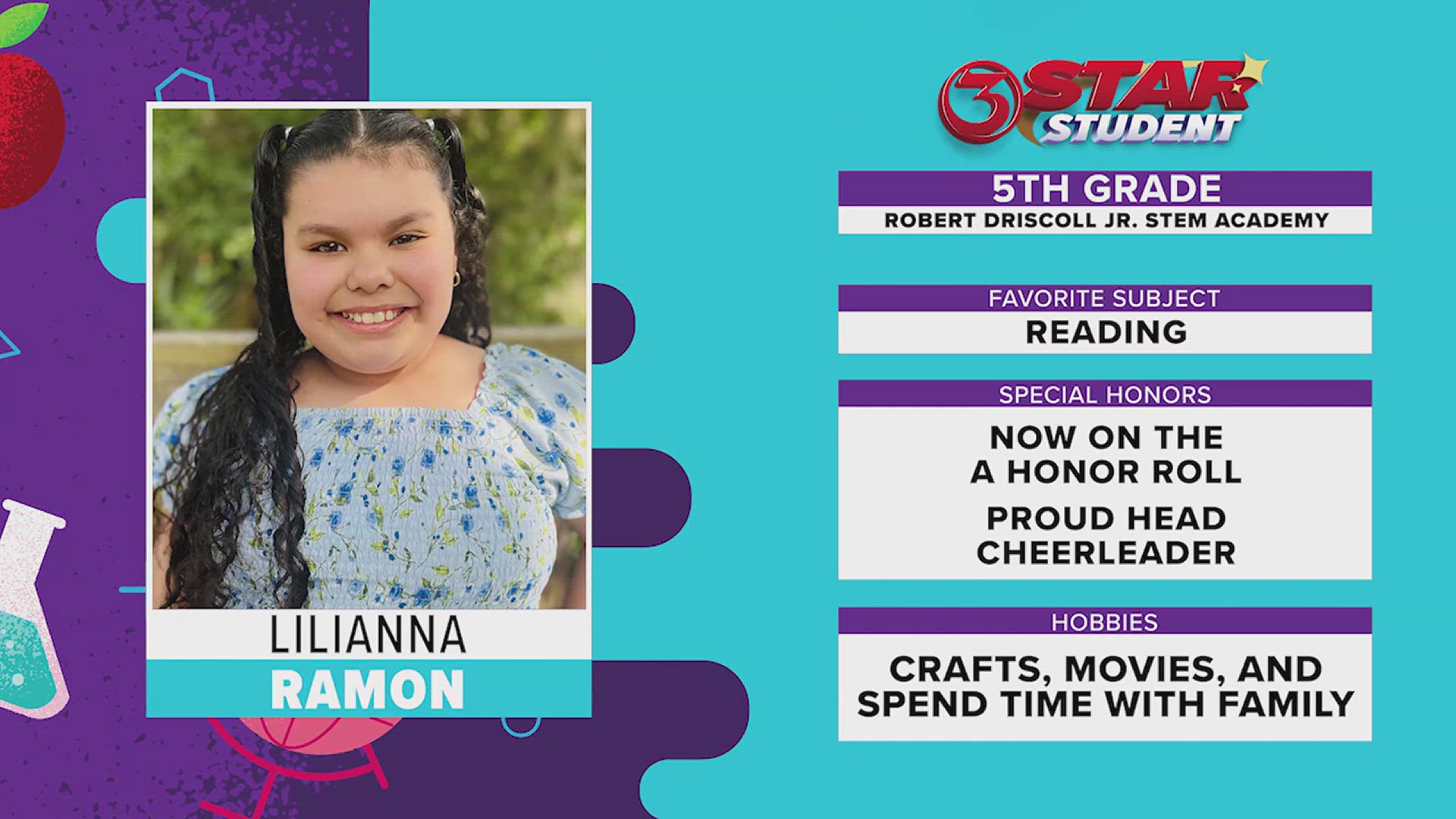 Lilianna's favorite subject is Reading, and she is on the A-Honor Roll. 