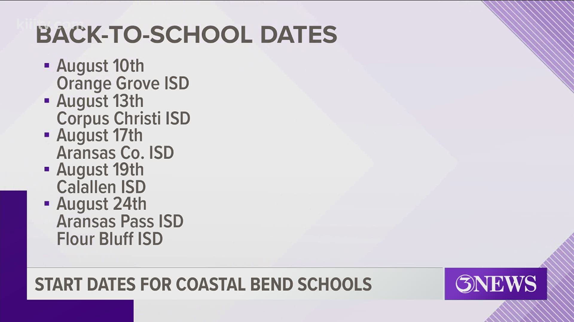 The start of the school year is right around the corner. Here's a list of when the first day of school is for districts across the Coastal Bend.