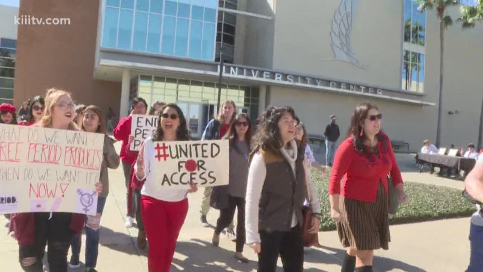 Students and activists marched on the campus of Texas A&M University-Corpus Christi Thursday to bring attention to female hygiene products.