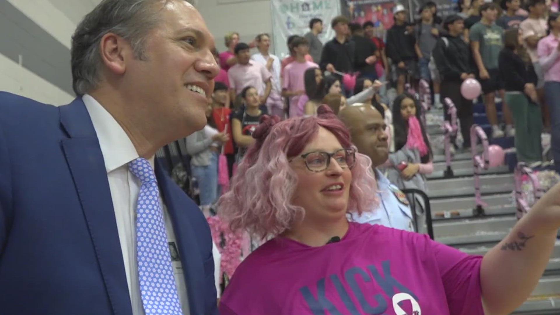 Jessica is a breast cancer survivor and teacher at Veterans Memorial High School. We caught up with her at a pep rally where she was honored by her students.