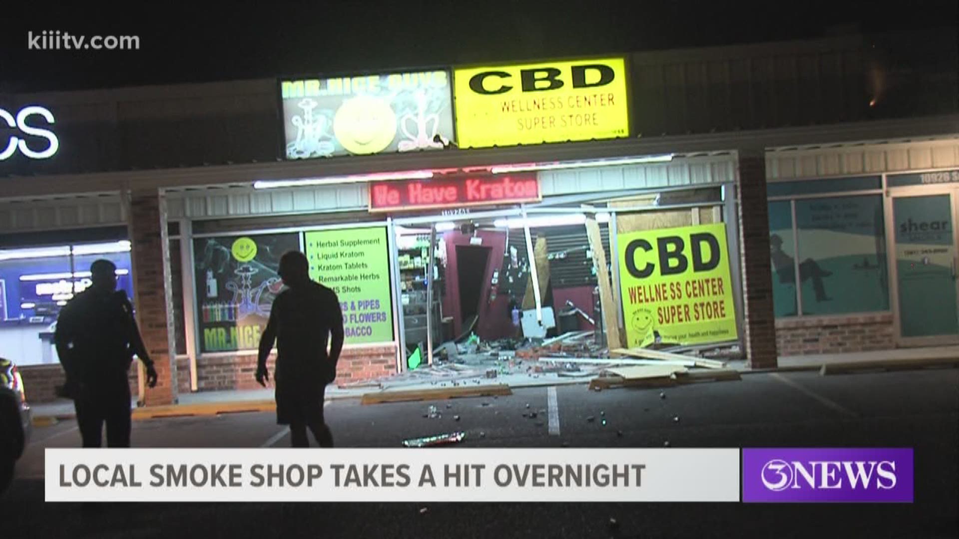 Corpus Christi police were called to the Mr. Nice Guys smoke shop on Leopard Street and McKenzie just after 6 a.m. Thursday to find the front of the store smashed in