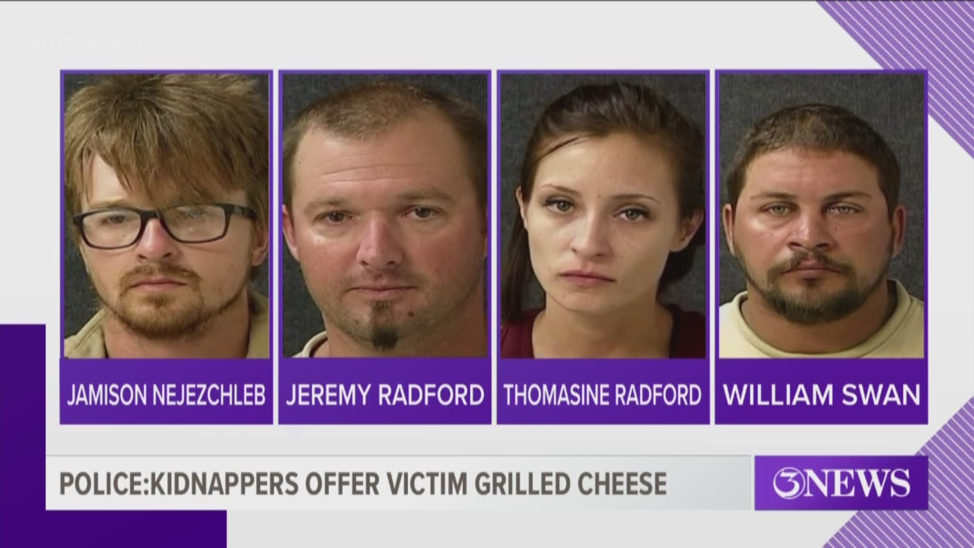 An Aransas Pass man was offered a grilled cheese sandwich for his troubles after being kidnapped by four coworkers Sunday and held at gunpoint for several hours, according to the Aransas Pass Police Department.