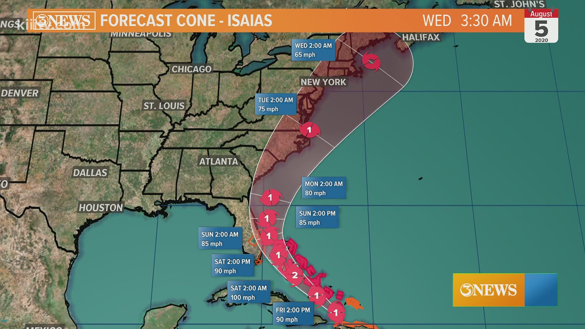 Hurricane Isaias will track up the US Atlantic coast this weekend and early next week.  Two more tropical waves in the Atlantic - neither a threat to Texas.