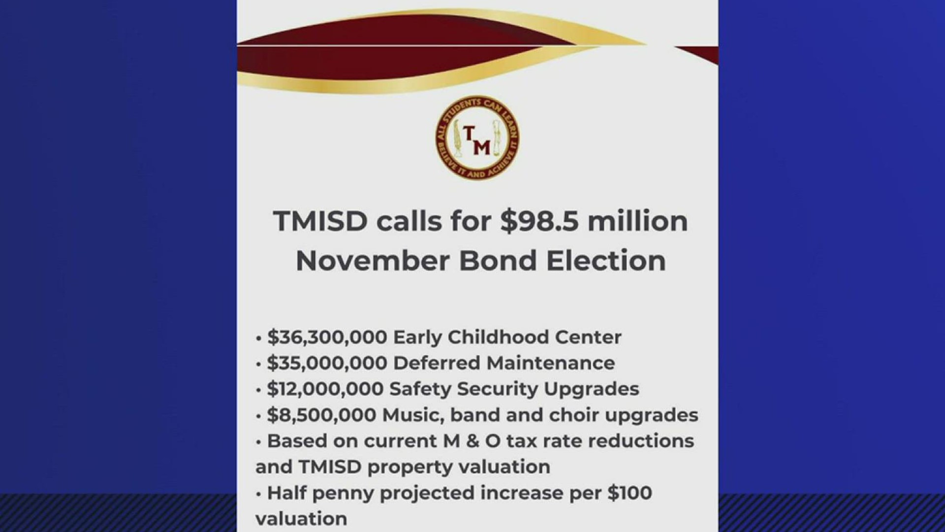The district wants $36 million for an early childhood development center, $35 million for deferred, $12 million for safety and security.