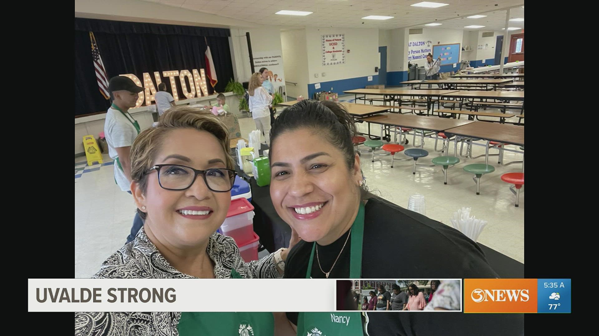 Krystie Kobos, Starbucks manager in Corpus Christi, is spending the week in Uvalde assisting their store and going out into the community providing relief.