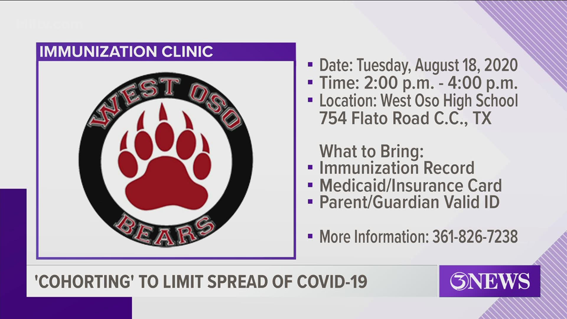 The drive-thru immunizations will be held at West Oso High School, located at 754 Flato Road, on Aug. 18 from 2 p.m. to 4 p.m.
