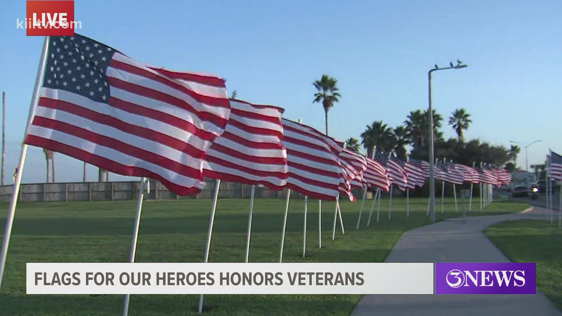 The project honors veterans and all heroes of the community. Throughout a six-month period, the flags are installed at various parks along the Corpus Christi Bay.