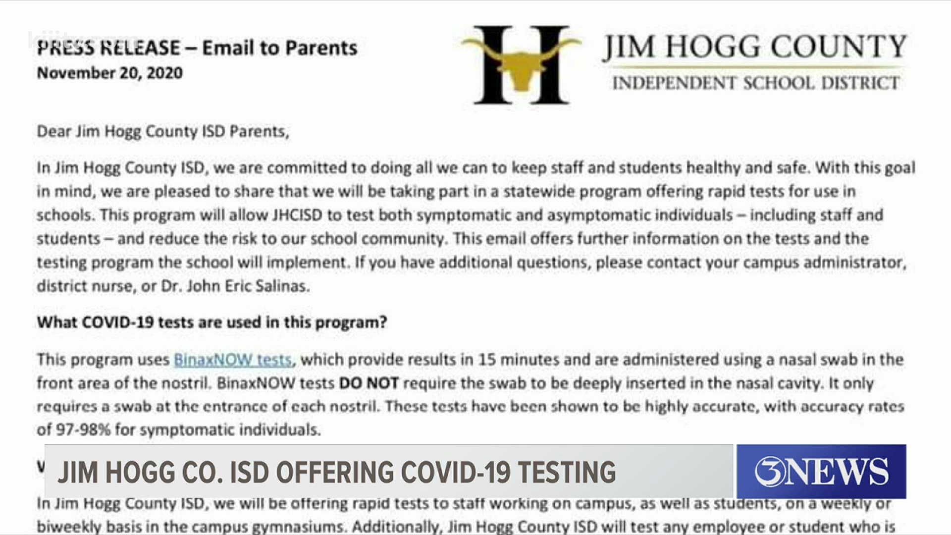 At Jim Hogg County schools, classes will be starting later than normal to allow students time to go through the testing site set up at the school.