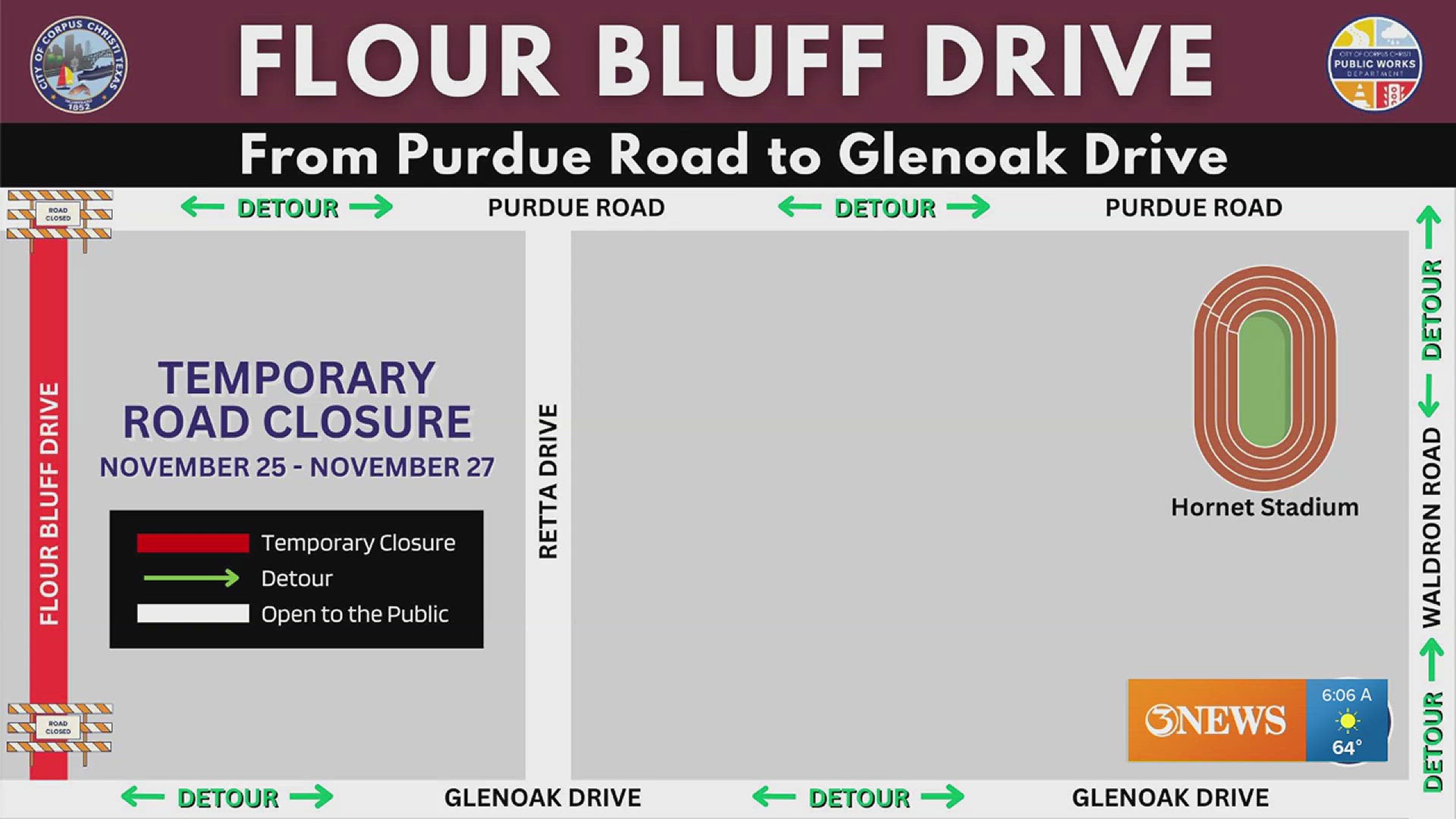 Roadwork will begin Monday between Purdue Road and Glenoak Drive.