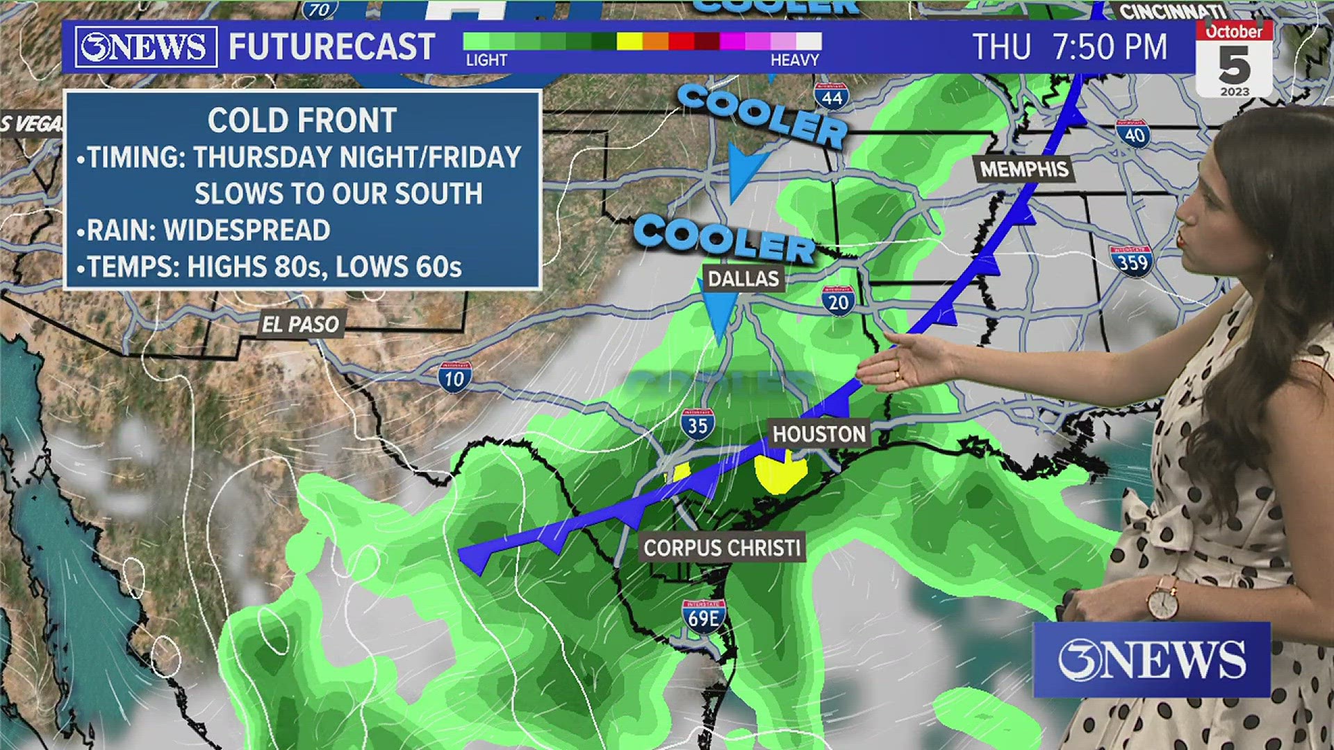 Beneficial rainfall is expected this week around the Coastal Bend from daily scattered showers. On top of that, a cold front will bring more rain plus a cooldown.