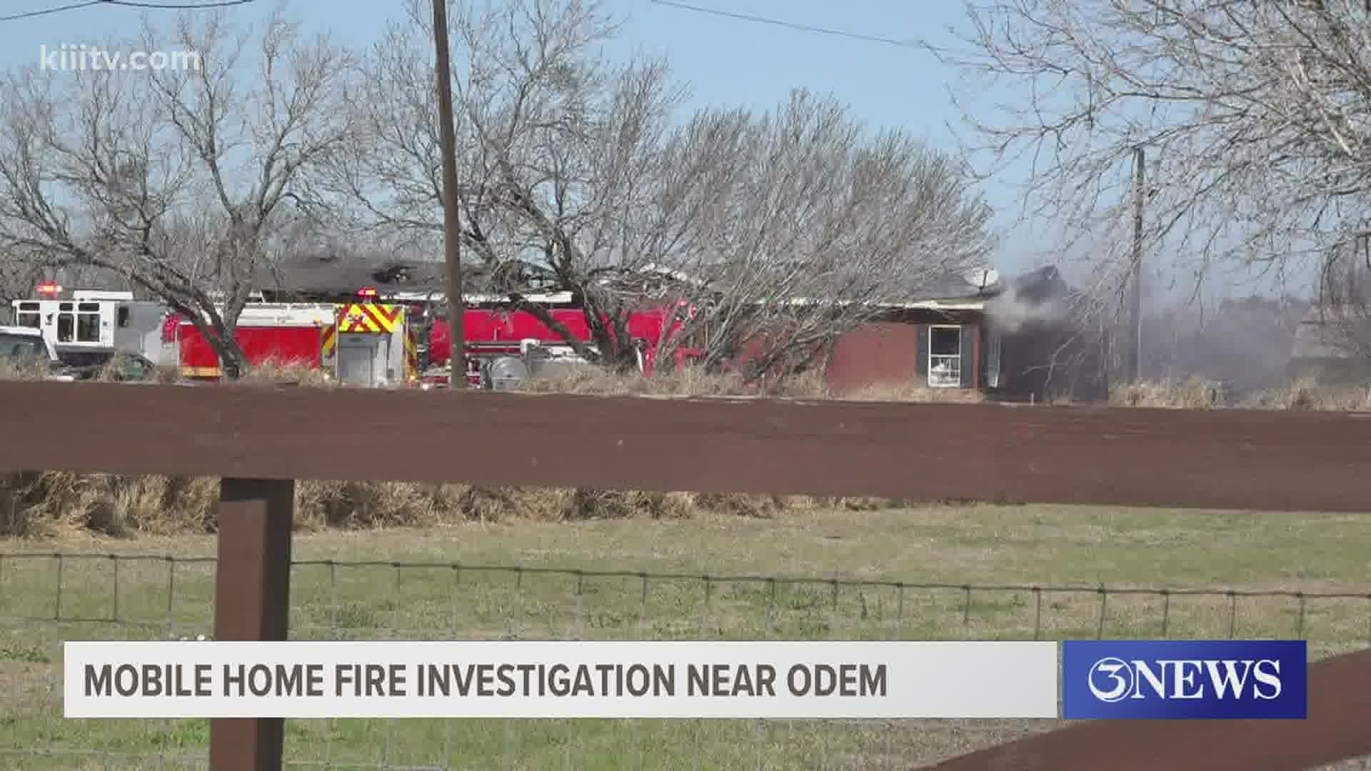 Several crews responded to County Road 1478 near Odem after a fire broke out at a mobile home there and then spread to nearby grassy areas.