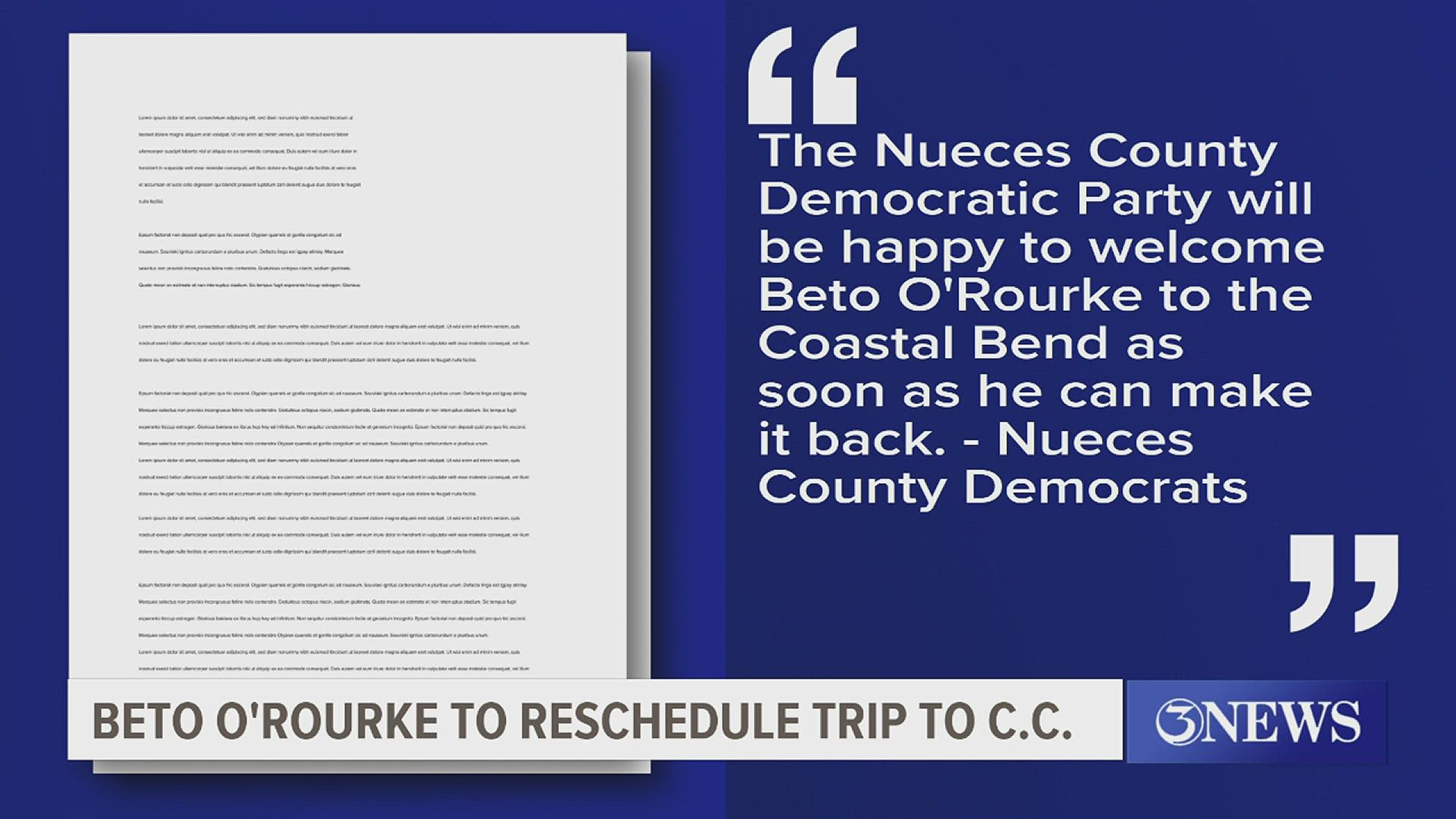 O'Rourke was scheduled to make a stop in Corpus Christi Saturday night but is instead resting at home, his campaign told 3NEWS.