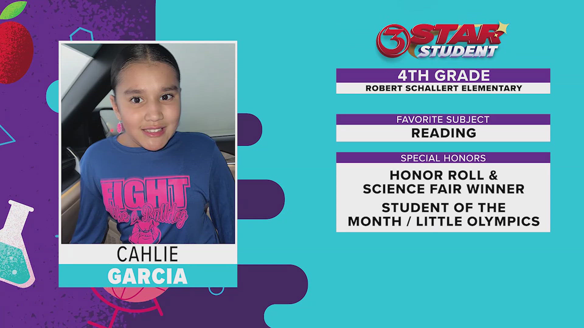 Cahlie is an honor roll and science fair winner who enjoy spending time with her pets.