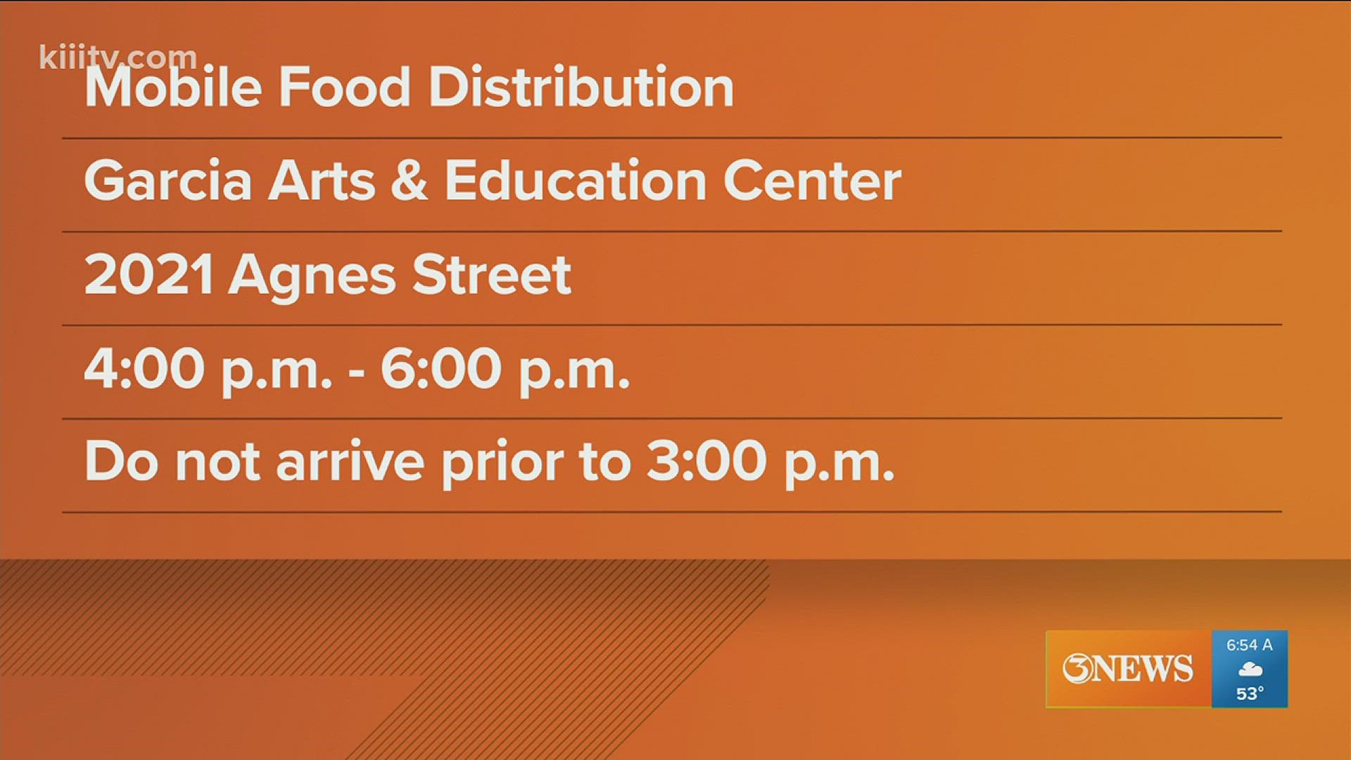 The Coastal Bend Food Bank will hold a mobile food distribution Wednesday at the Garcia Arts & Education Center at 2021 Agnes.