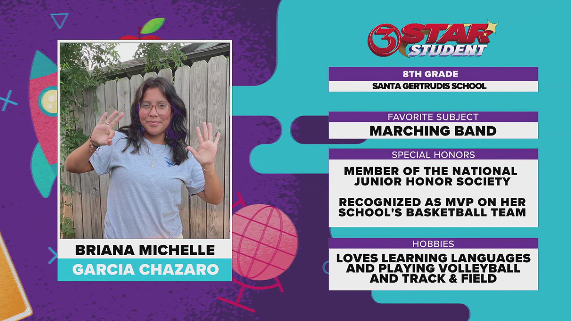 Briana loves learning languages, playing volleyball and running track and field. 