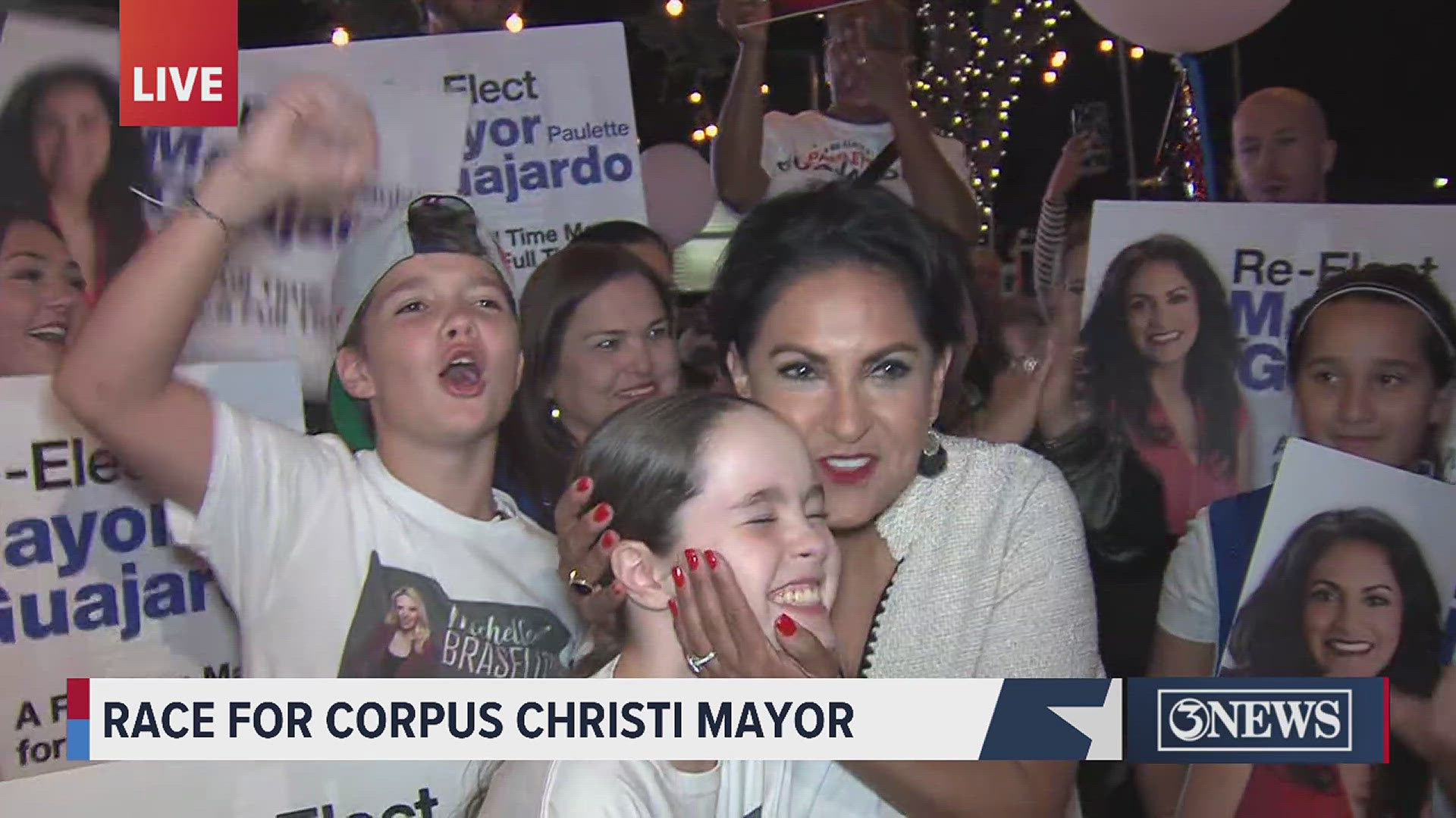 Incumbent Mayor Paulette Guajardo talks to Bill Churchwell about early results on election night. 