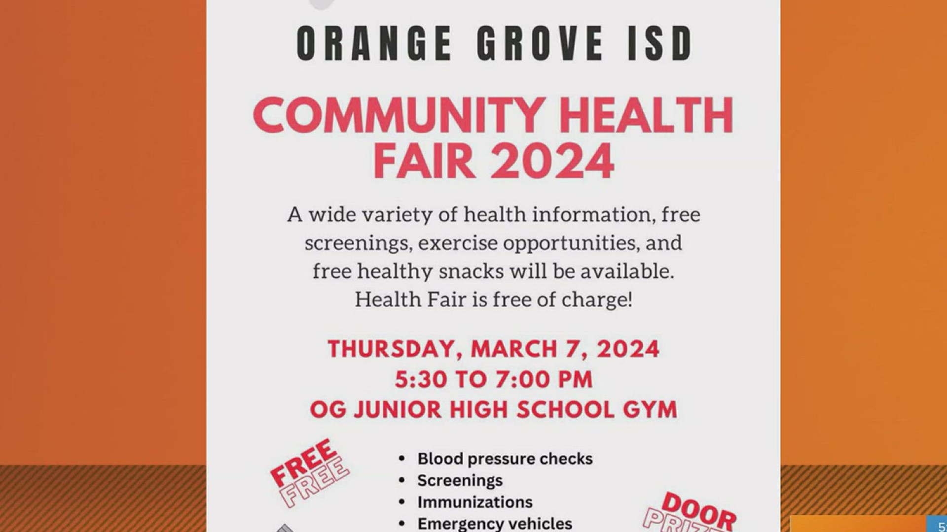 Orange Grove ISD is inviting YOU to get health! Their free community health fair will offer about 75 exhibitors, door prizes and activities for the community.