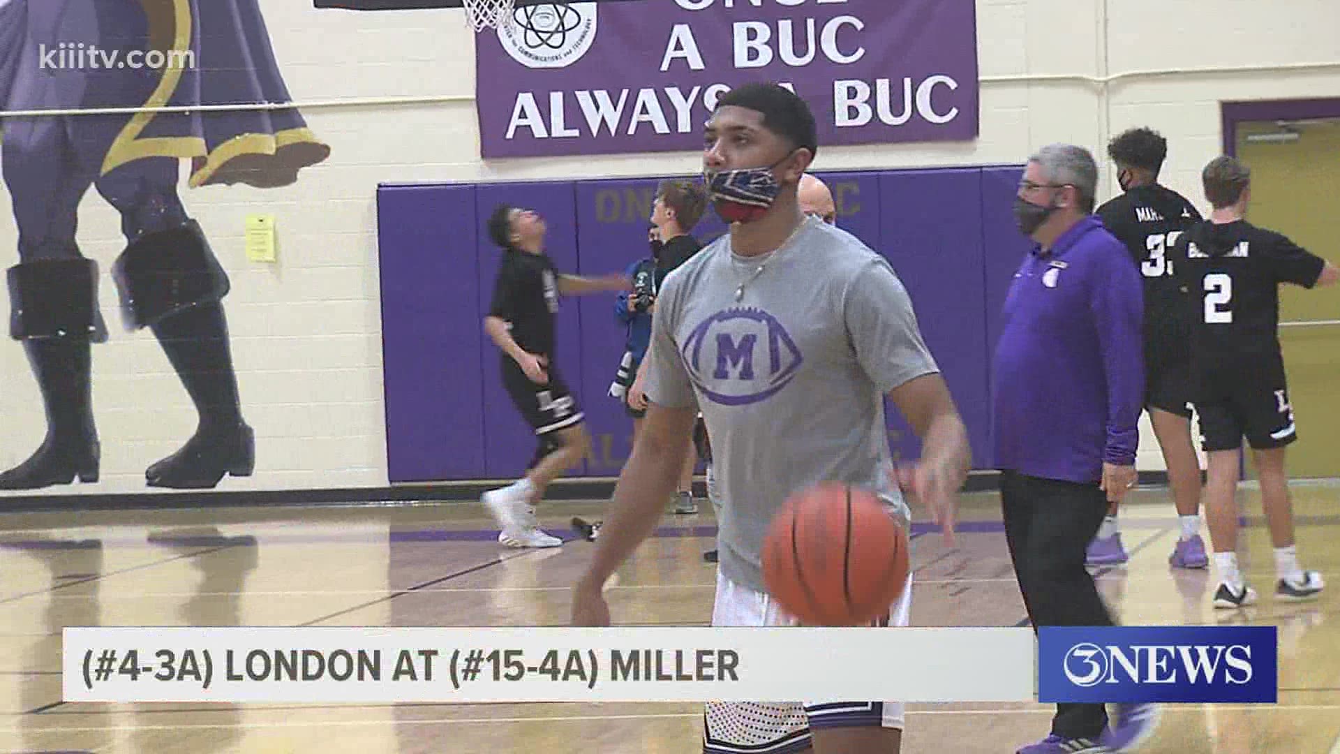 Miller (#15-4A) topped London (#4-3A) 59-53 in a playoff tune-up game while the Miller girls clinched a postseason berth over Port Lavaca 34-27.