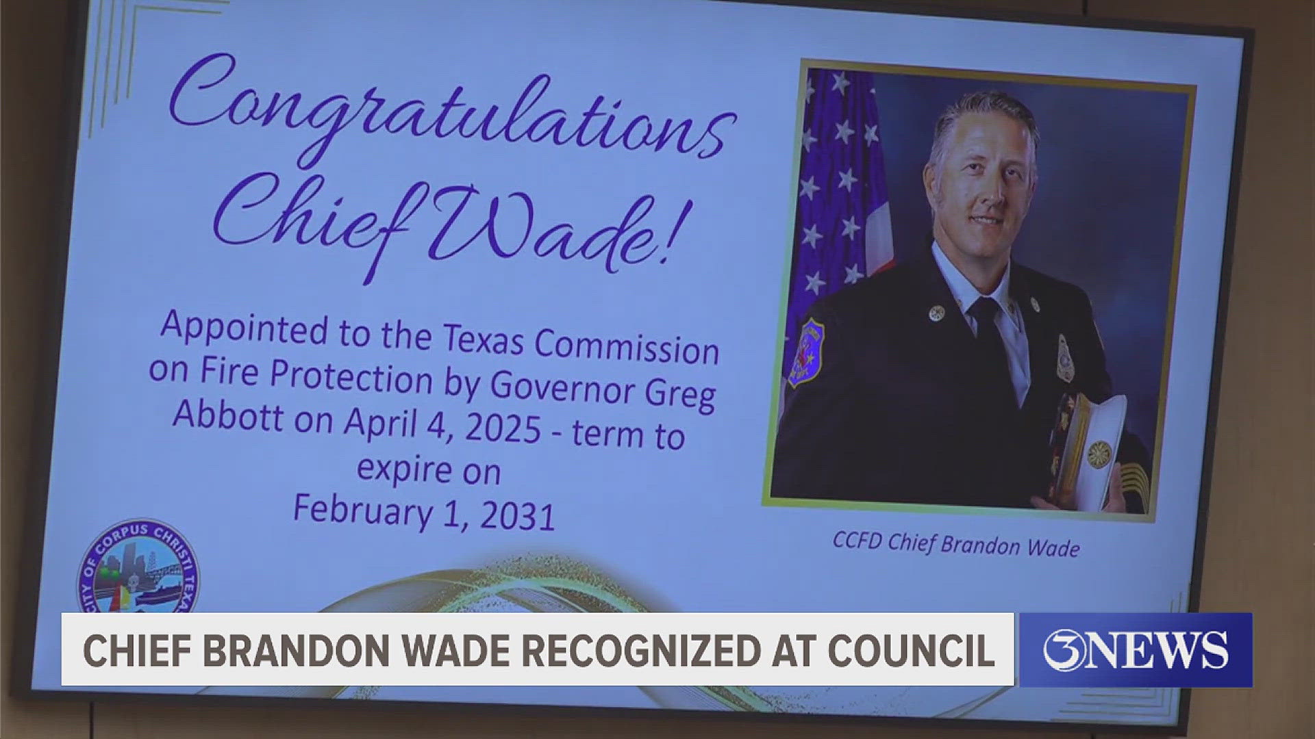 Brandon Wade received a permanent reappointment to Texas Commission on Fire Protection.