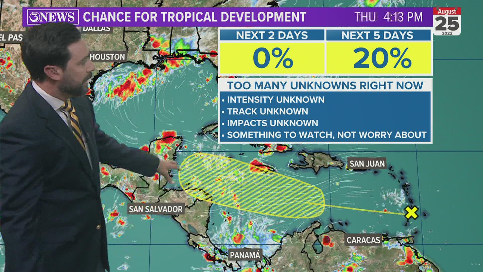 Two tropical waves - one in the Atlantic and another in the Caribbean. The Caribbean system will be one to watch closely in the coming days.