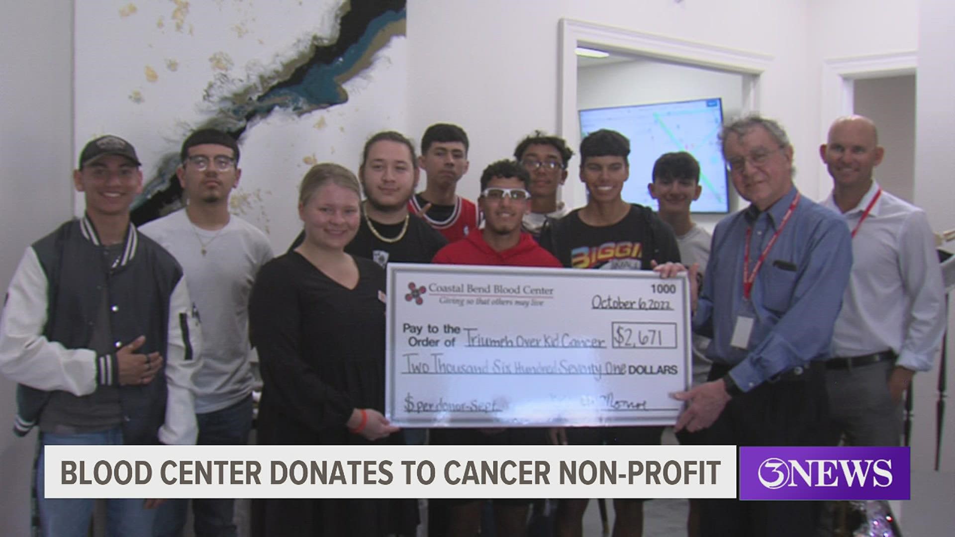 The Coastal Bend Blood Center donated more than $2,600 to to fellow non-profit Triumph Over Kid Cancer.