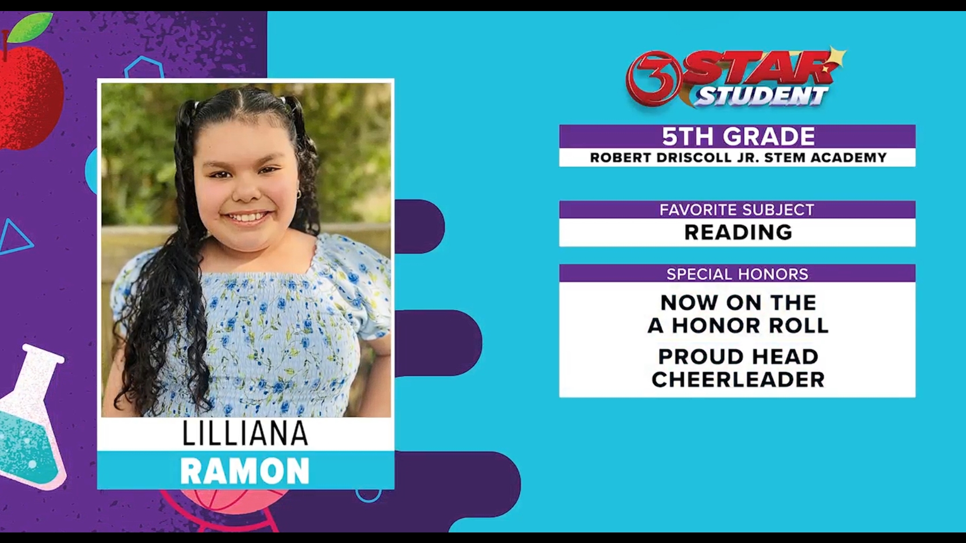 Lilliana's favorite subject is Reading, and she is on the A-Honor Roll.