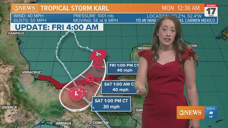 Tropical Storm Karl continues to move south toward Mexico