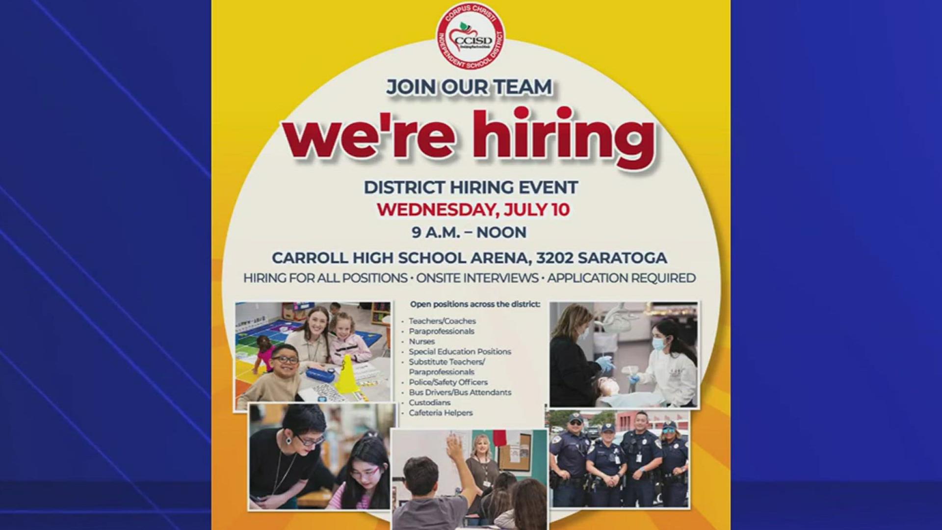 CCISD is hosting a hiring event this Wednesday, 9 a.m. to noon at the Carroll High School Arena on Saratoga.