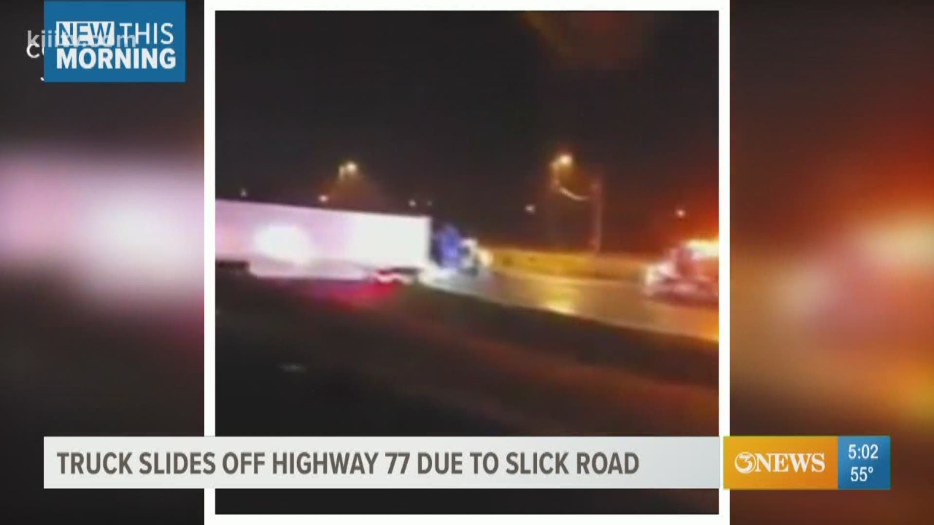 An 18-wheeler slid off an overpass near Sinton late Tuesday night and slick roads are to blame, according to authorities.