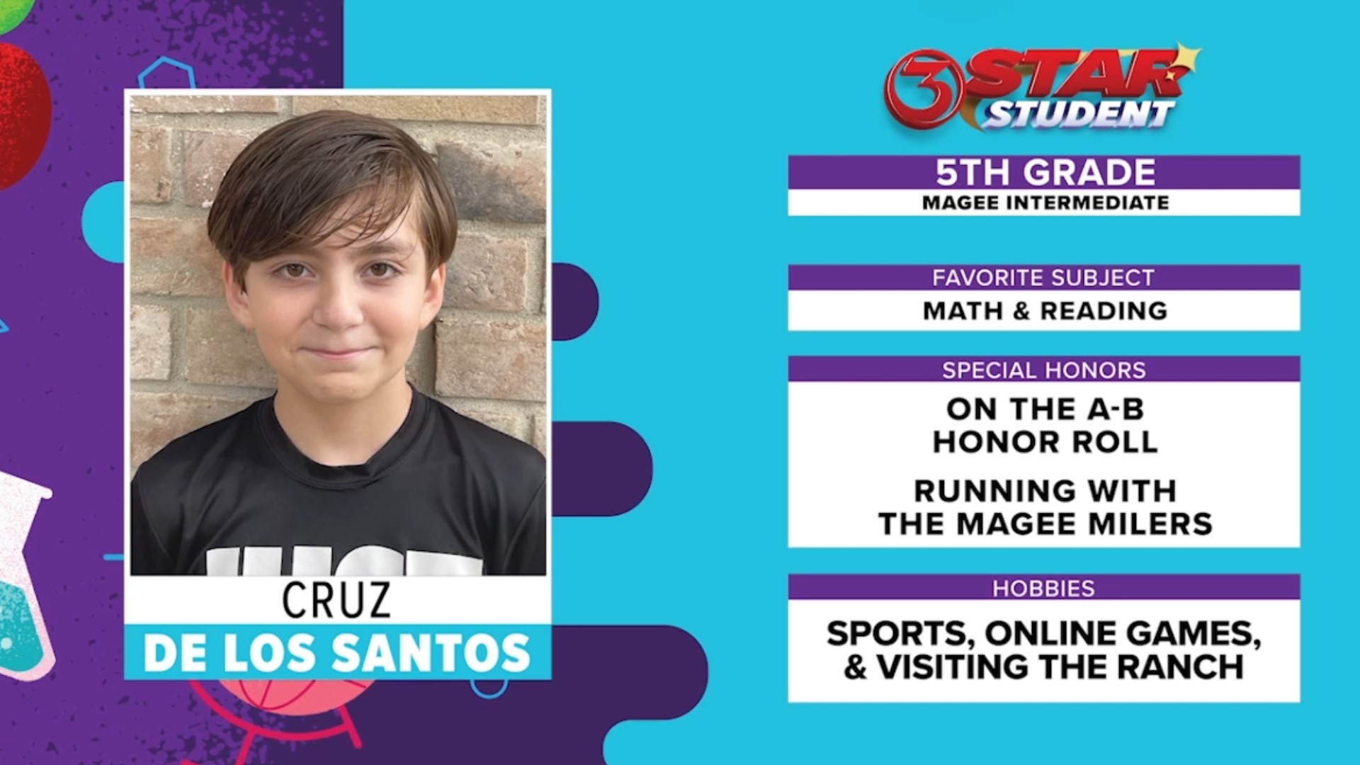 In his free time Cruz likes to play sports and online games and visit his family's ranch!