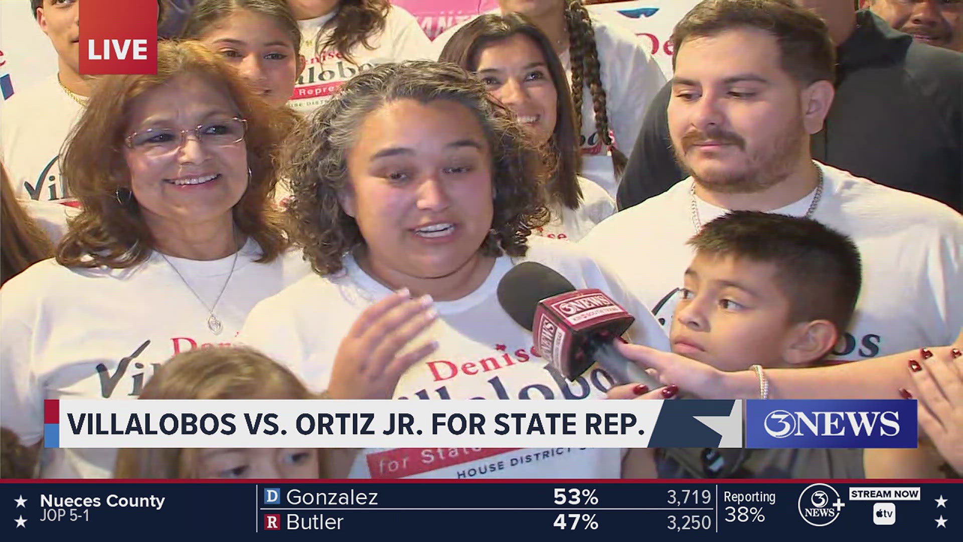 Denise Villalobos talks lead in early results.