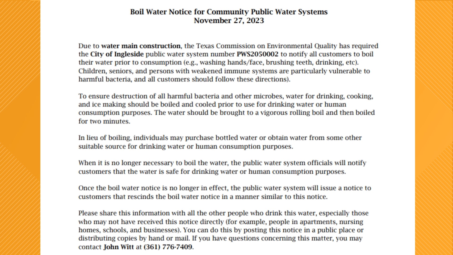 Water boil advisory begins Monday for City of Ingleside