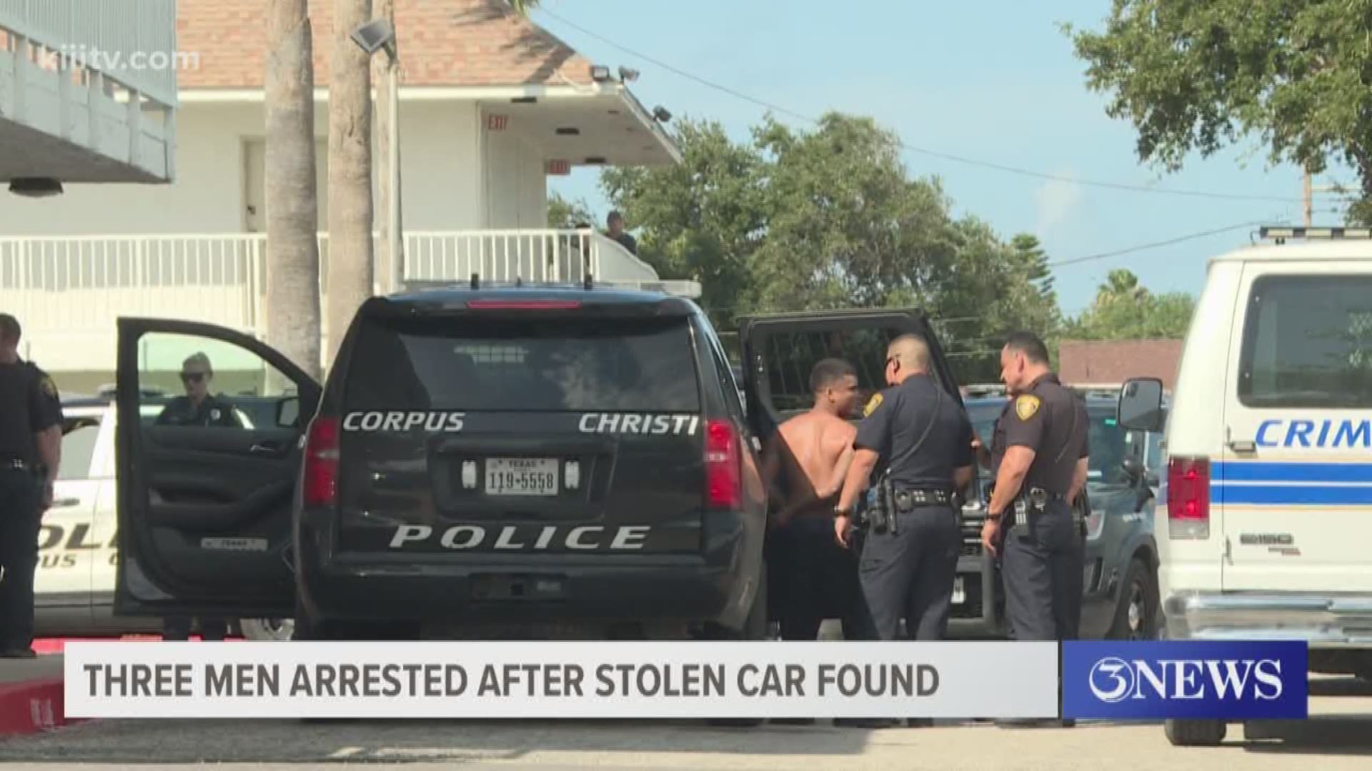 On Sunday, Corpus Christi police said three men led officers on a short foot chase after an officer spotted a stolen car.