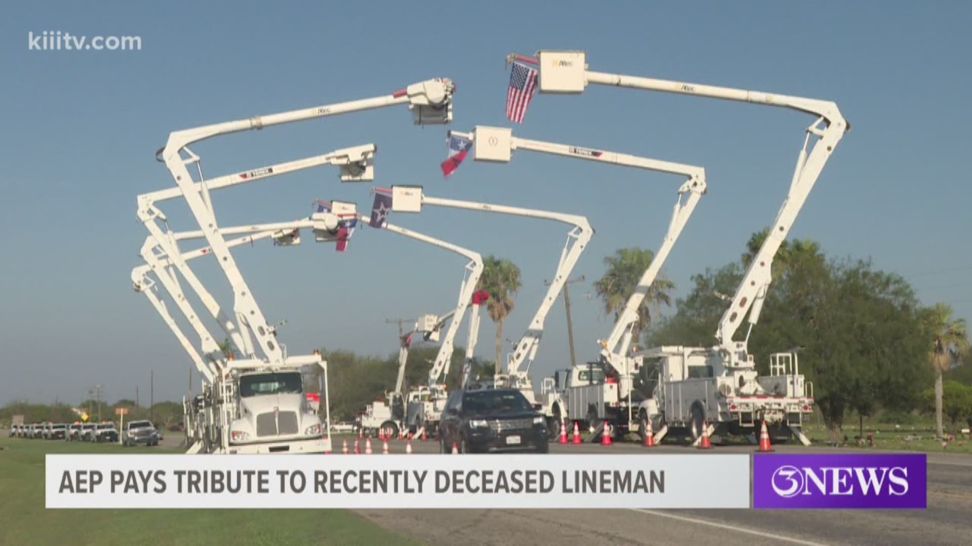 Dozens of American Electric Power Texas trucks lined the road along Memory Gardens Funeral Home and Cemetery in Corpus Christi Friday for a lineman who recently passed away.