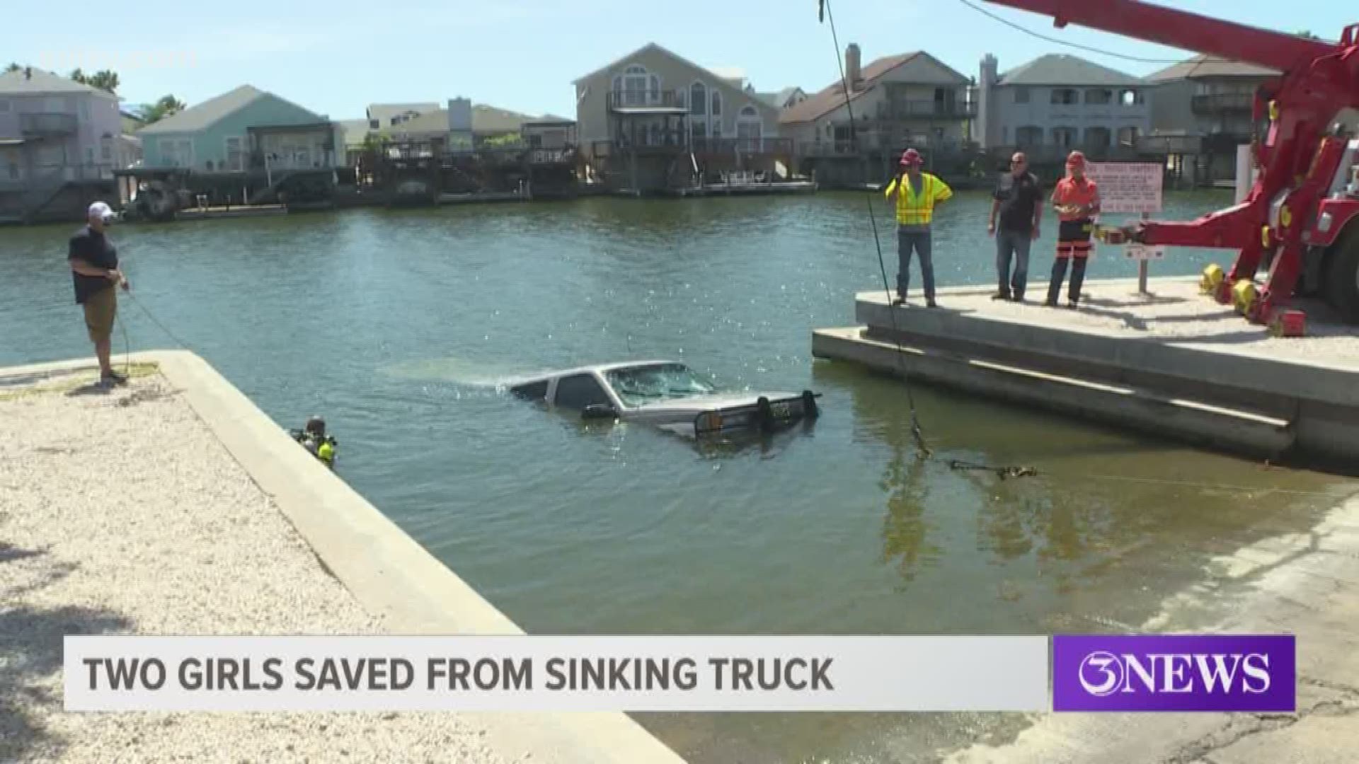 Emergency crews were called to a boat ramp at Whitecap Boulevard and Cartagena just after 11 a.m. Monday after a truck was pulled into the water with two children inside.