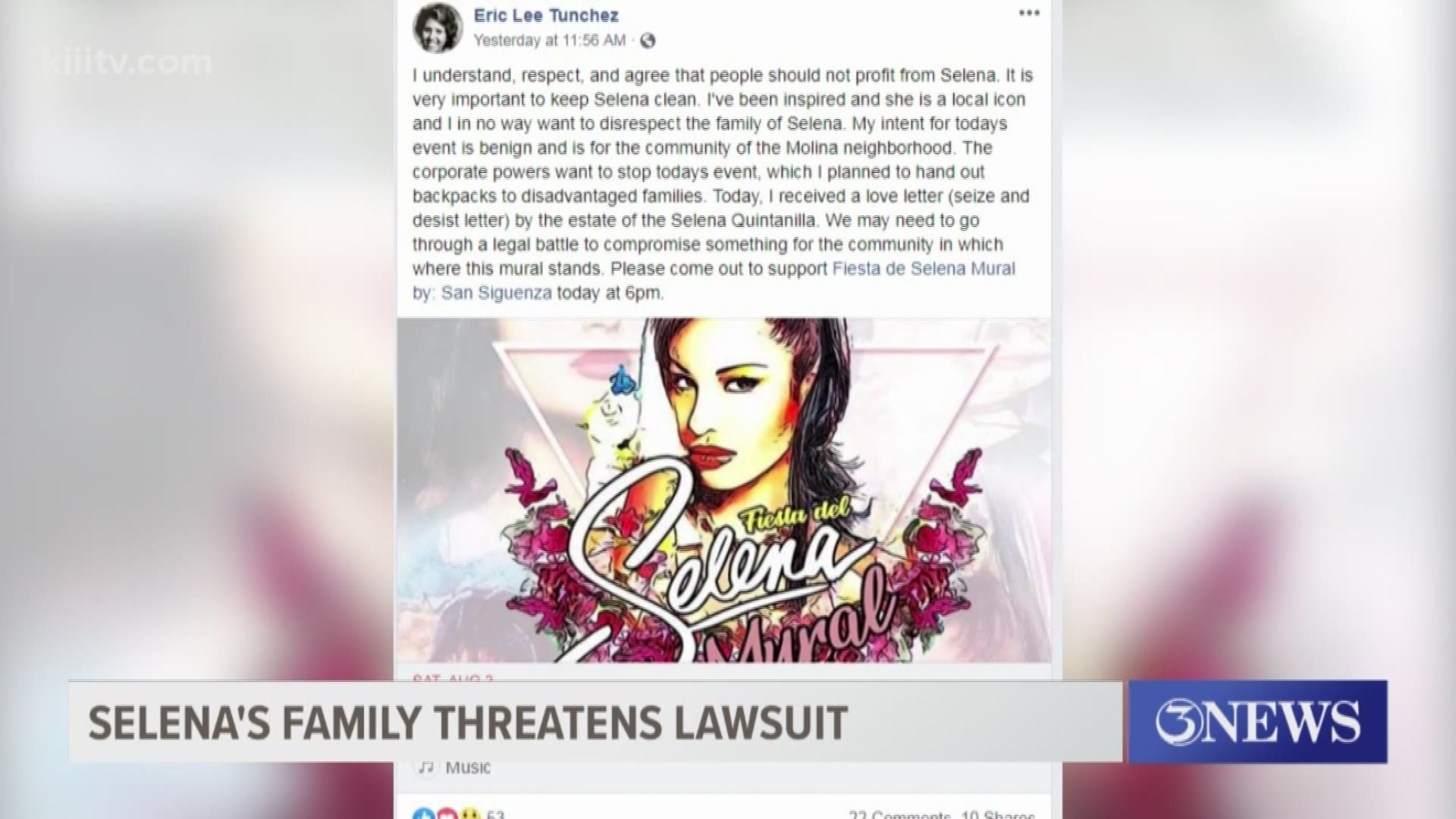 Just hours before a party was held to celebrate the new Selena mural in the Molina neighborhood, the Tejano Queens' family threatened to file a lawsuit against the event organizer, Eric Tunchez.