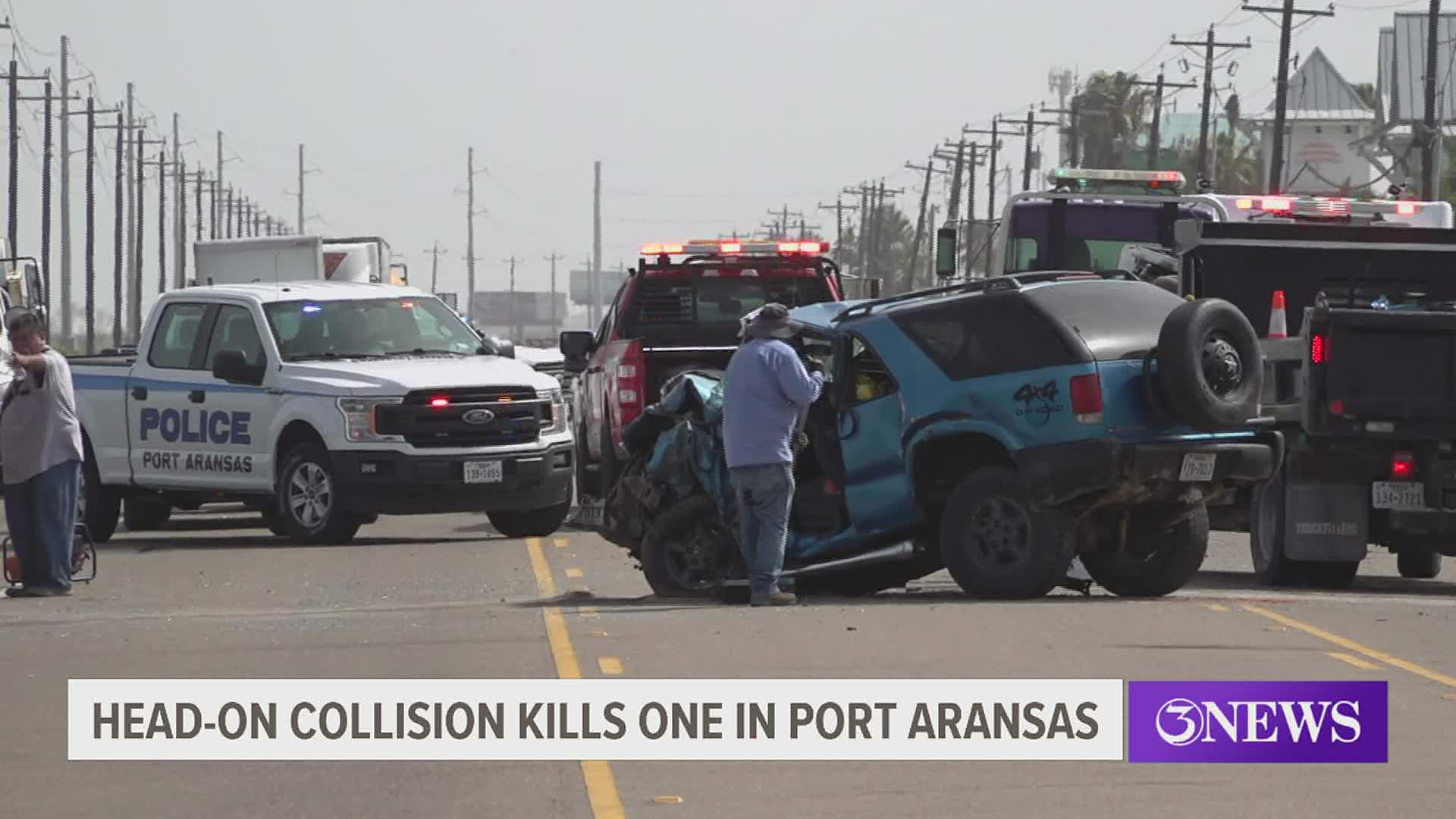 Port Aransas police say the crash happened when the driver of a blue SUV swerved into the oncoming lane and hit a truck head-on.