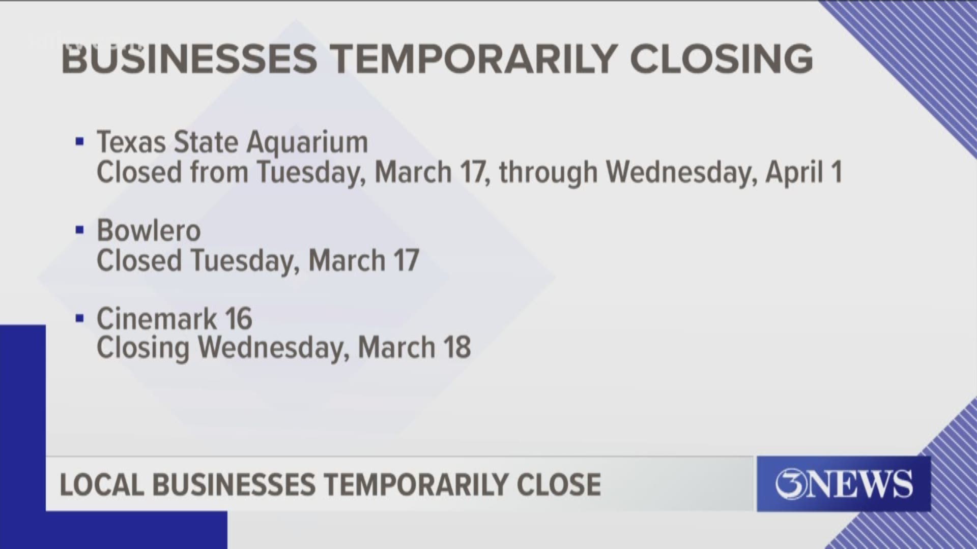 Several local businesses have announced that they will be closing temporarily in an effort to slow the spread of the COVID-19 coronavirus.