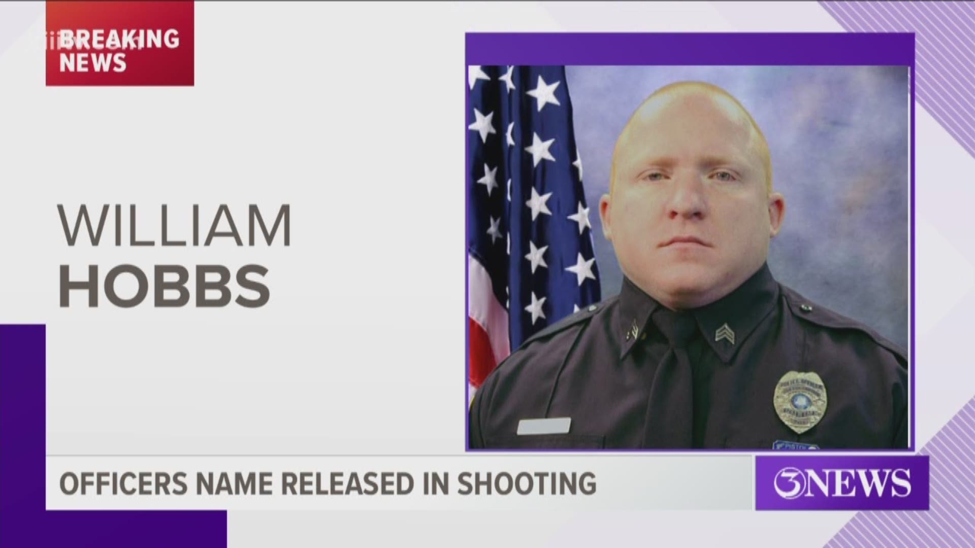 The Corpus Christi Police Department has identified the officer who was involved in a shooting Tuesday morning involving a 22-year-old male armed with a large metal pipe. CCPD Sr. Officer William Hobbs was placed on paid administrative leave pending an investigating into Tuesday's shooting.